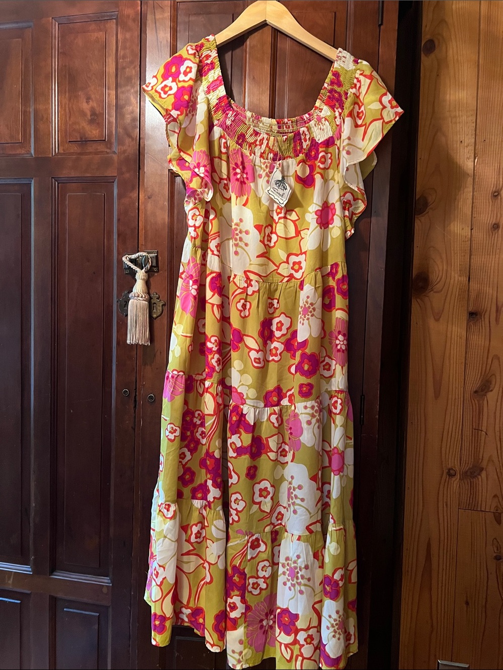 EASEL NWT Floral Smocked Maxi Dress  Size L- Pink & Yellow